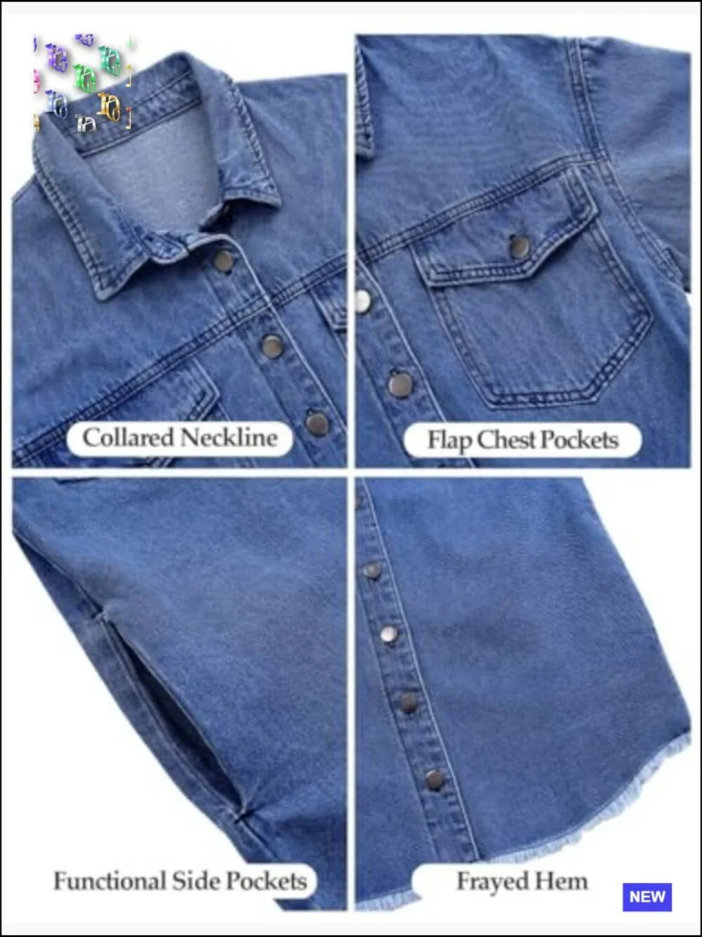 Oversized Button Up Frayed Hem Denim Jean Jacket Shacket Long Sleeve Pockets - Picture 6 of 7